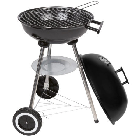 Grill węglowy kulisty z pokrywą BBQ chromowany ruszt 37cm kółka cert Dekra
