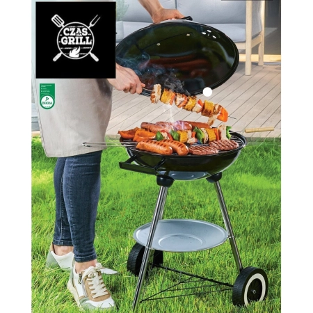 Grill węglowy kulisty z pokrywą BBQ chromowany ruszt 37cm kółka cert Dekra