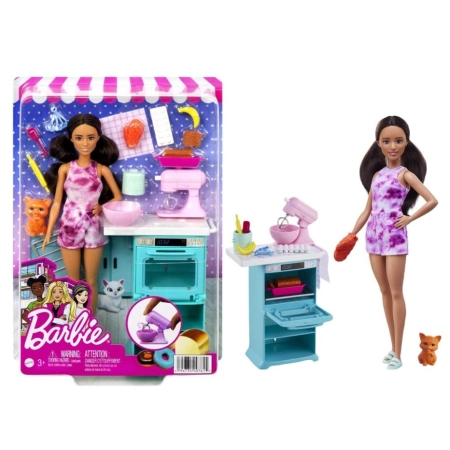 Lalka Barbie Kucharka z kotkiem Mattel zestaw HCD44