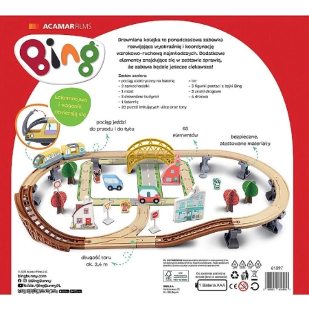 Drewniana kolejka z elektrycznym pociągiem Bing 65 elementów Trefl