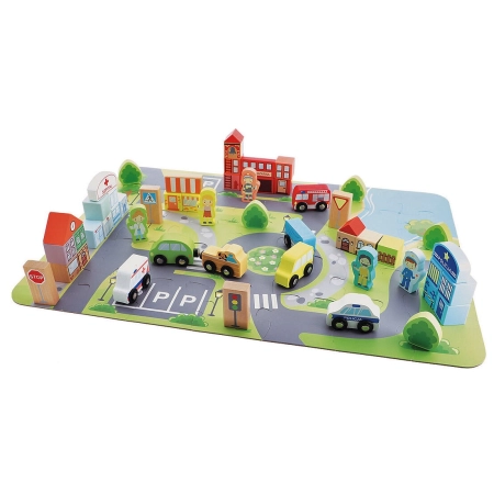 Klocki Drewniane Miasto + mata puzzle figurki pojazdy 2+ O!Klocki Trefl