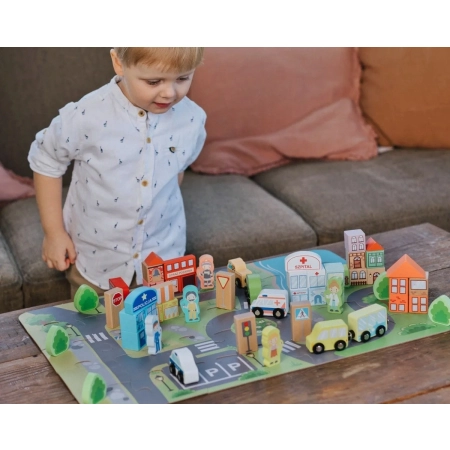 Klocki Drewniane Miasto + mata puzzle figurki pojazdy 2+ O!Klocki Trefl