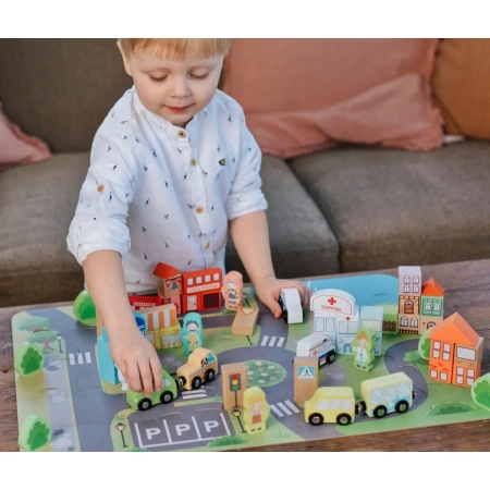 Klocki Drewniane Miasto + mata puzzle figurki pojazdy 2+ O!Klocki Trefl