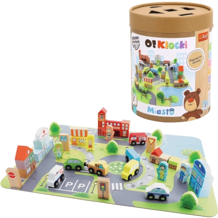 Klocki Drewniane Miasto + mata puzzle figurki pojazdy 2+ O!Klocki Trefl