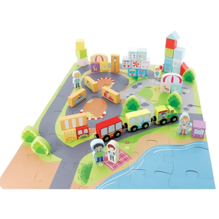 Klocki Drewniane Wesołe Miasteczko + mata puzzle figurki 2+ O!Klocki Trefl