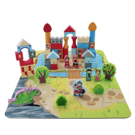 Klocki Drewniane Zamek Rycerski + mata puzzle i figurki 2+ O!Klocki Trefl