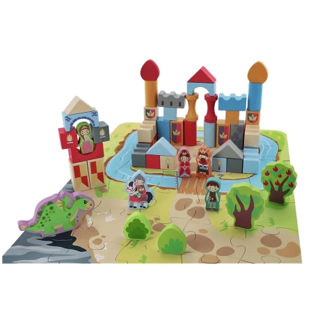 Klocki Drewniane Zamek Rycerski + mata puzzle i figurki 2+ O!Klocki Trefl